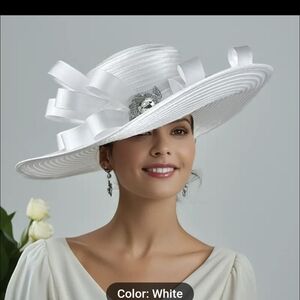 Elegant White Wide-Brim Dress Hat with Ribbon Accent